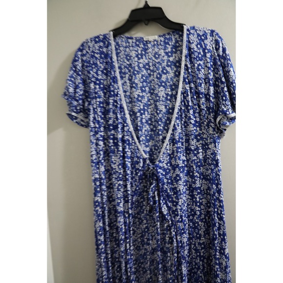 Rouchette S Barth Blue‎ Floral Maxi Dress Tie Front Ruffle Sleeve Boho - Picture 2 of 7